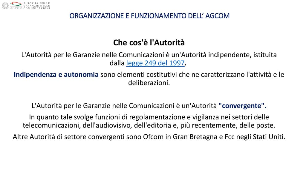 Il Regolamento Sullorganizzazione E Il Funzionamento Dellagcom Ppt